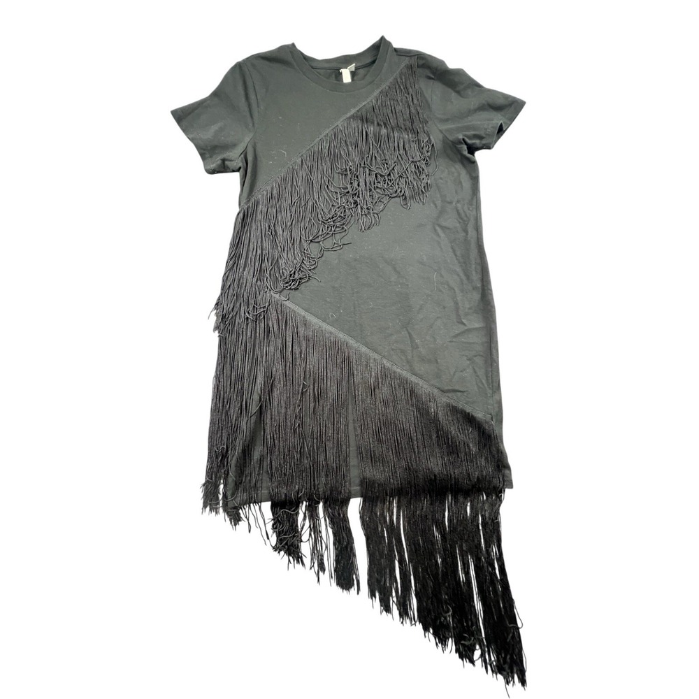 Black Fringe‎ T-Shirt Dress UK 12 US 8 100% Cotton Short Sleeve Statement